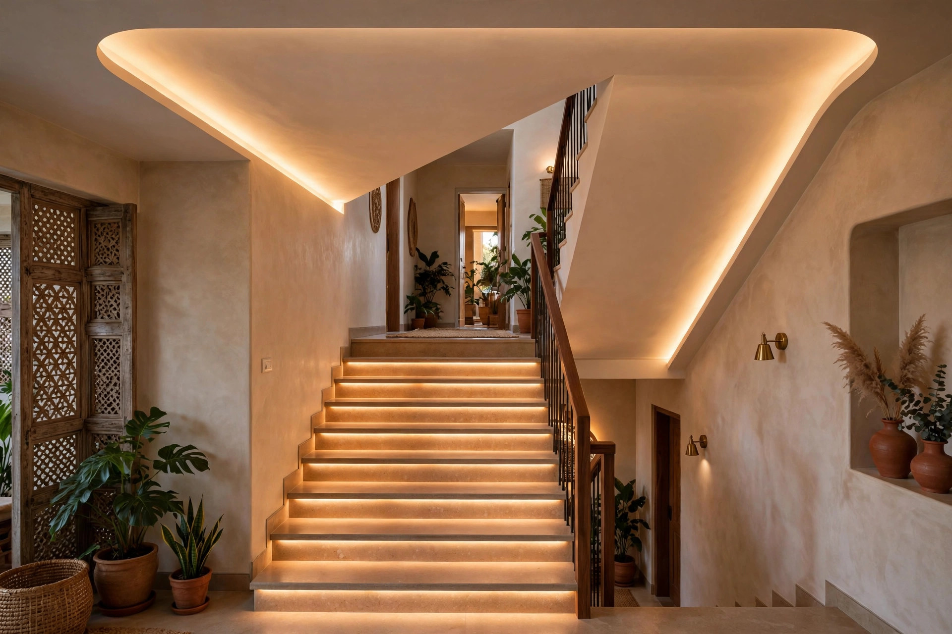 Concept render of an Indian home staircase with cove-lit ceiling following the stair slope
