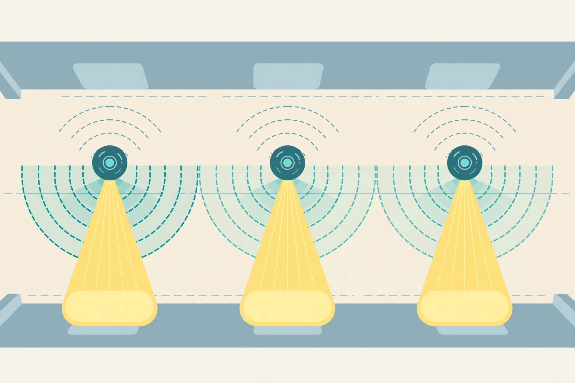 Illustration diagram of motion-sensor lighting in a corridor ceiling showing sensor zones and light cones
