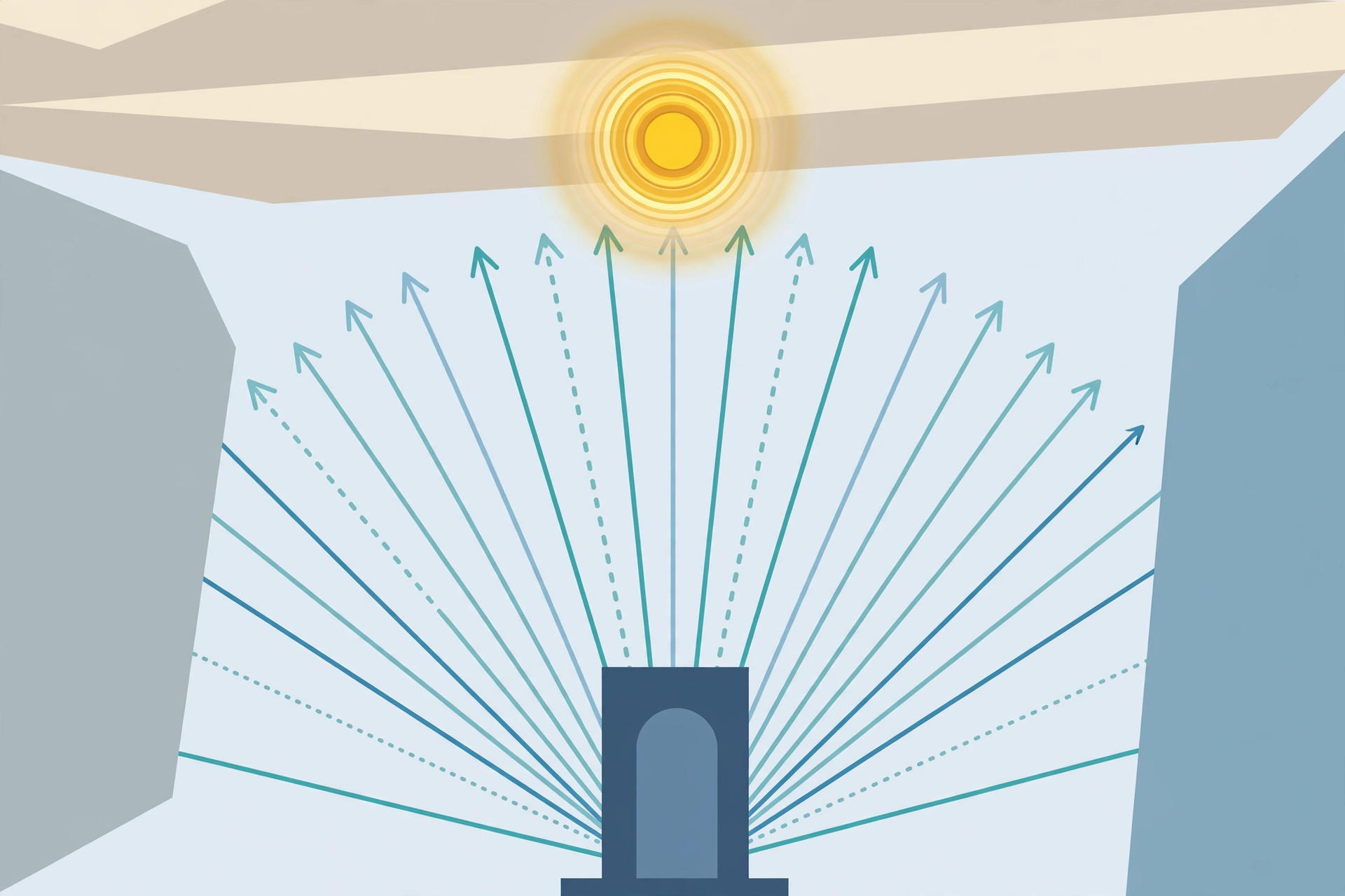 Illustration diagram of entrance sightlines from the front door toward a lit foyer ceiling focal point