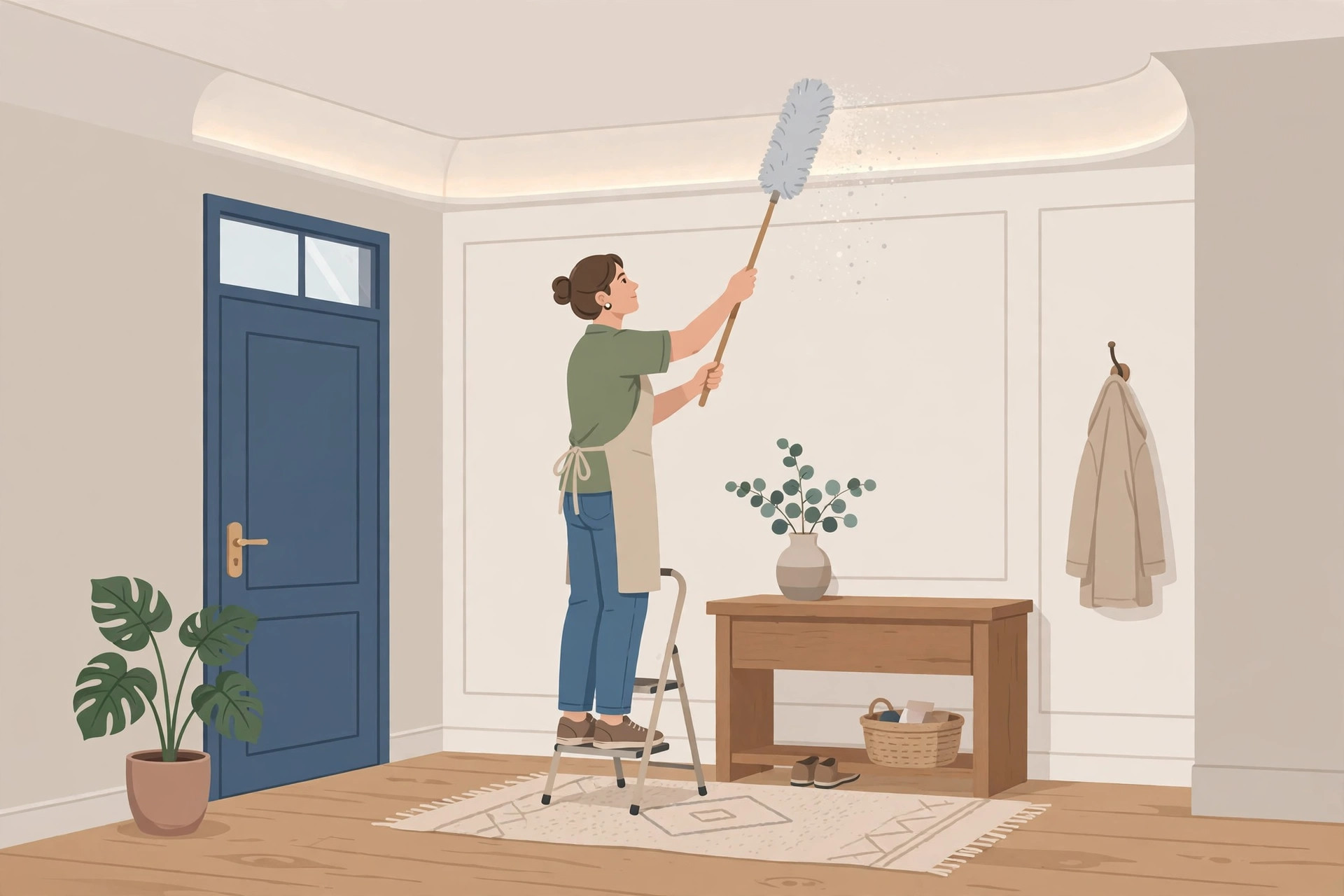 Illustration of a person dusting a foyer ceiling cove with a soft long-handle duster