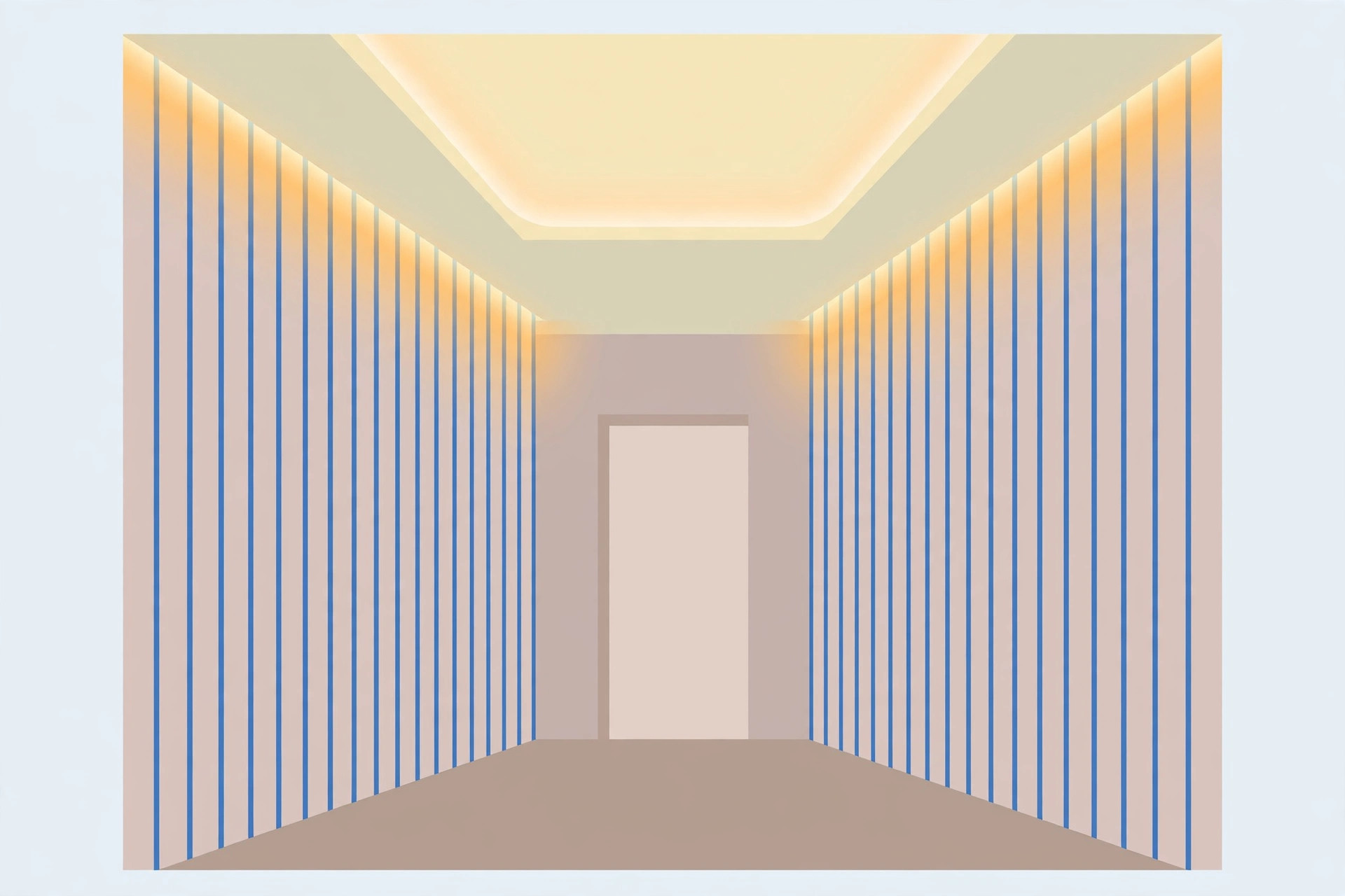 Illustration diagram showing ceiling tricks that add perceived height in a low corridor: vertical wall lines and cove glow lifting the ceiling