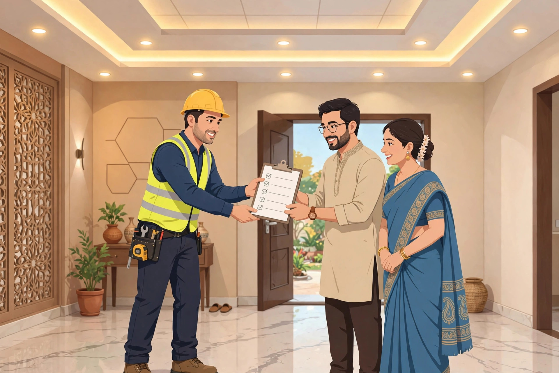 Illustration of a contractor handing a completion checklist to a homeowner couple in a finished Indian foyer
