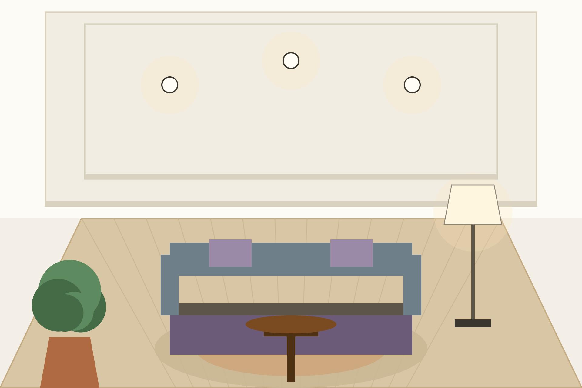 Concept render of a modern Indian living room with a white gypsum tray false ceiling, warm hidden cove lighting and a chandelier