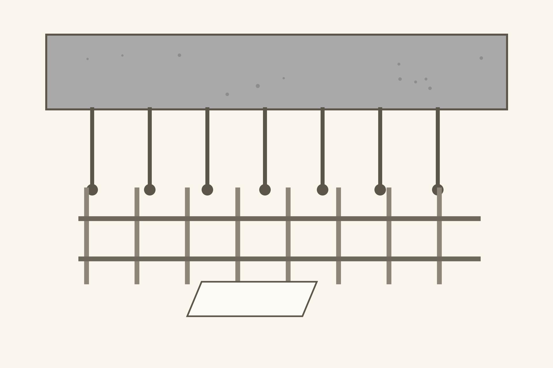 Concept render of a GI metal ceiling framework being fixed to a concrete slab, metal channels and suspension rods forming the grid