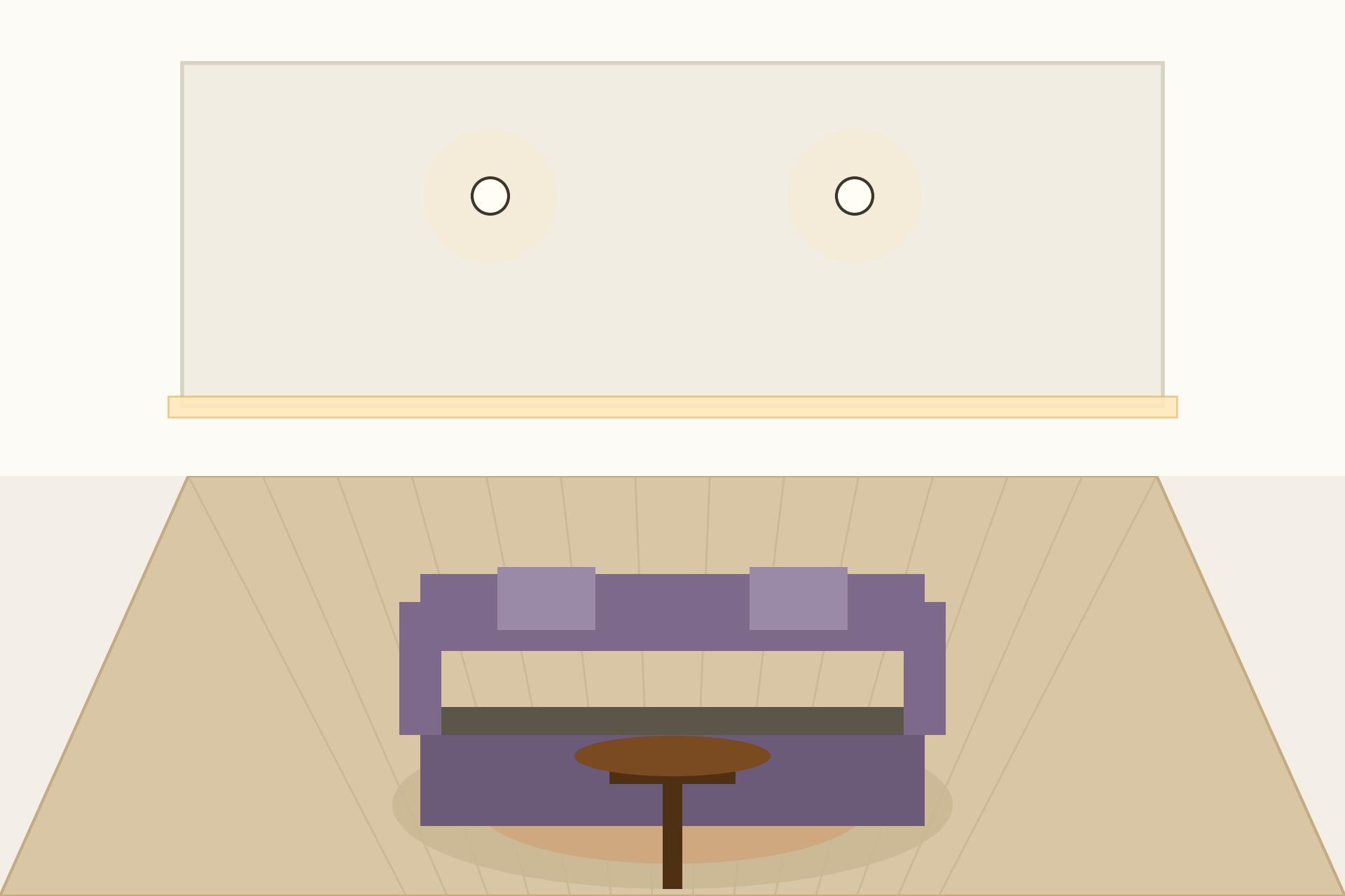 Concept render of a living room with a single cove gypsum ceiling, hidden warm LED strip glowing along the ceiling edge