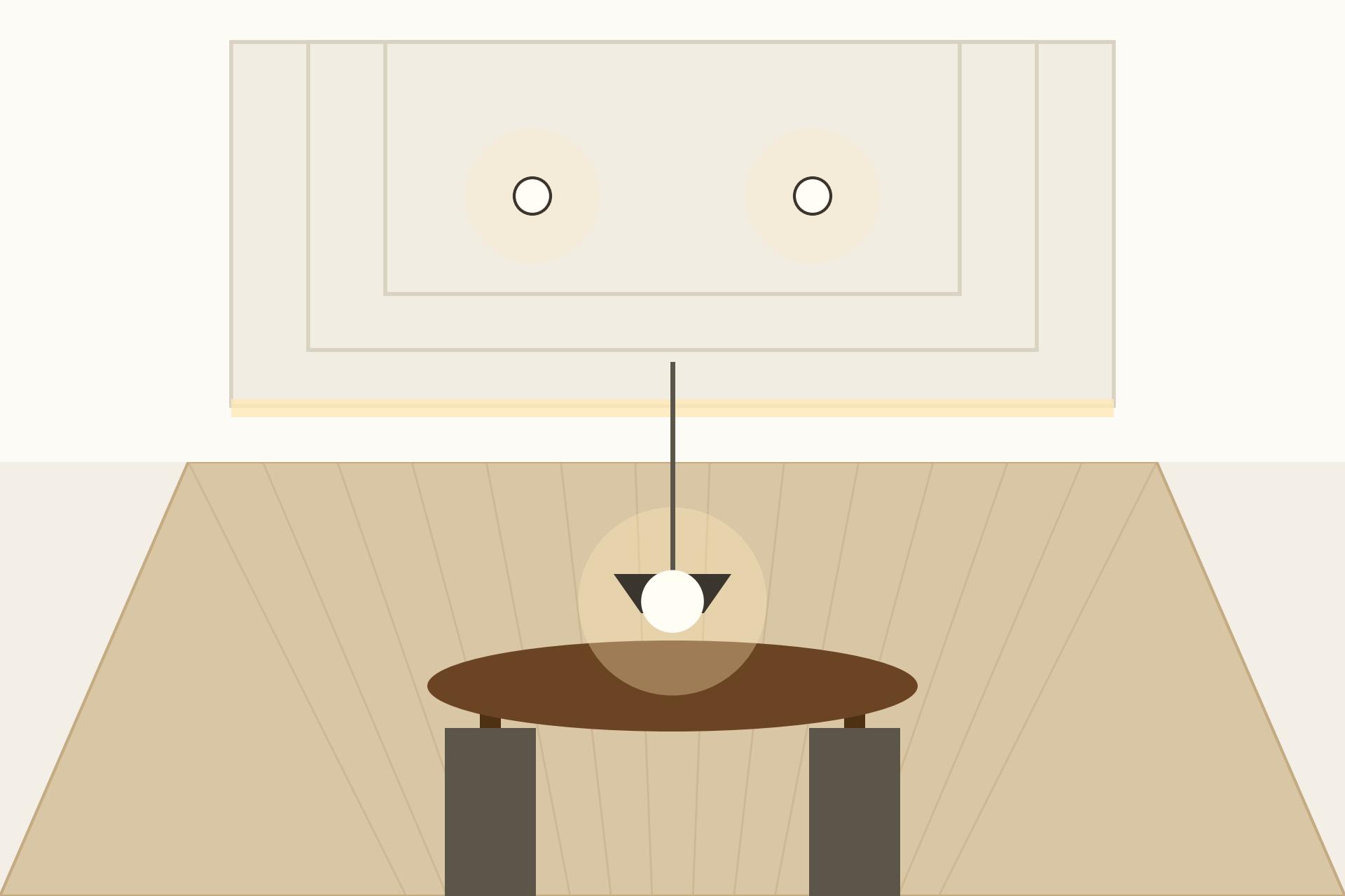 Concept render of a dining room with a stepped gypsum tray false ceiling and cove lighting in the tray edge
