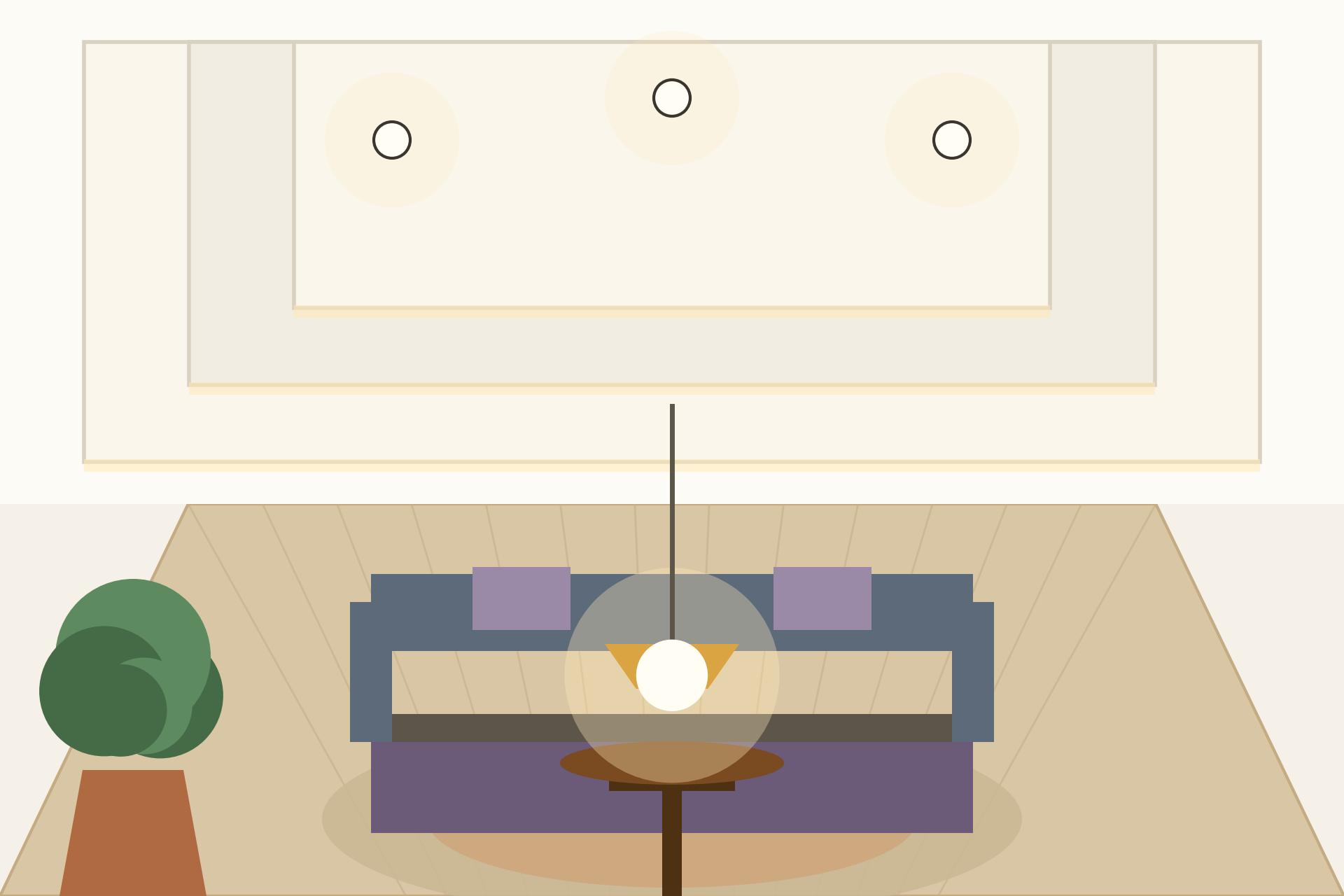 Concept render of a grand living room with a multi-layered stepped gypsum ceiling and cove lighting at each level