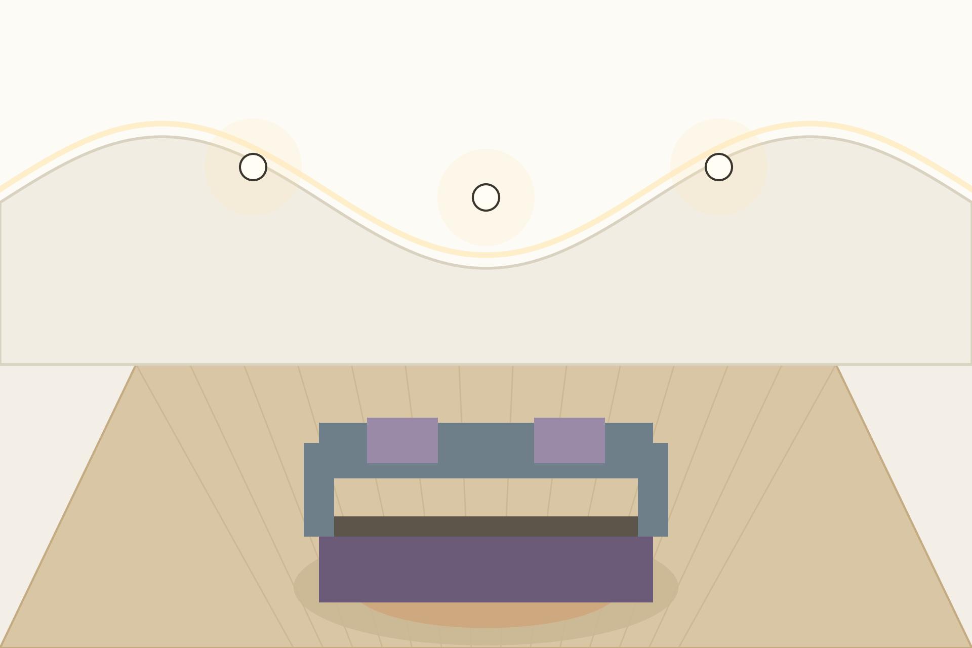 Concept render of a modern living room with a flowing curved wave gypsum false ceiling