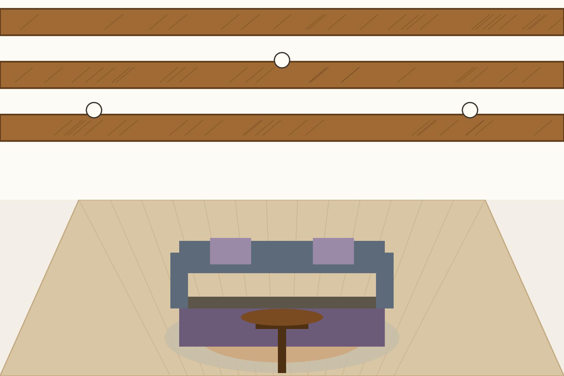 Concept render of a living room ceiling combining white gypsum panels with warm wooden battens