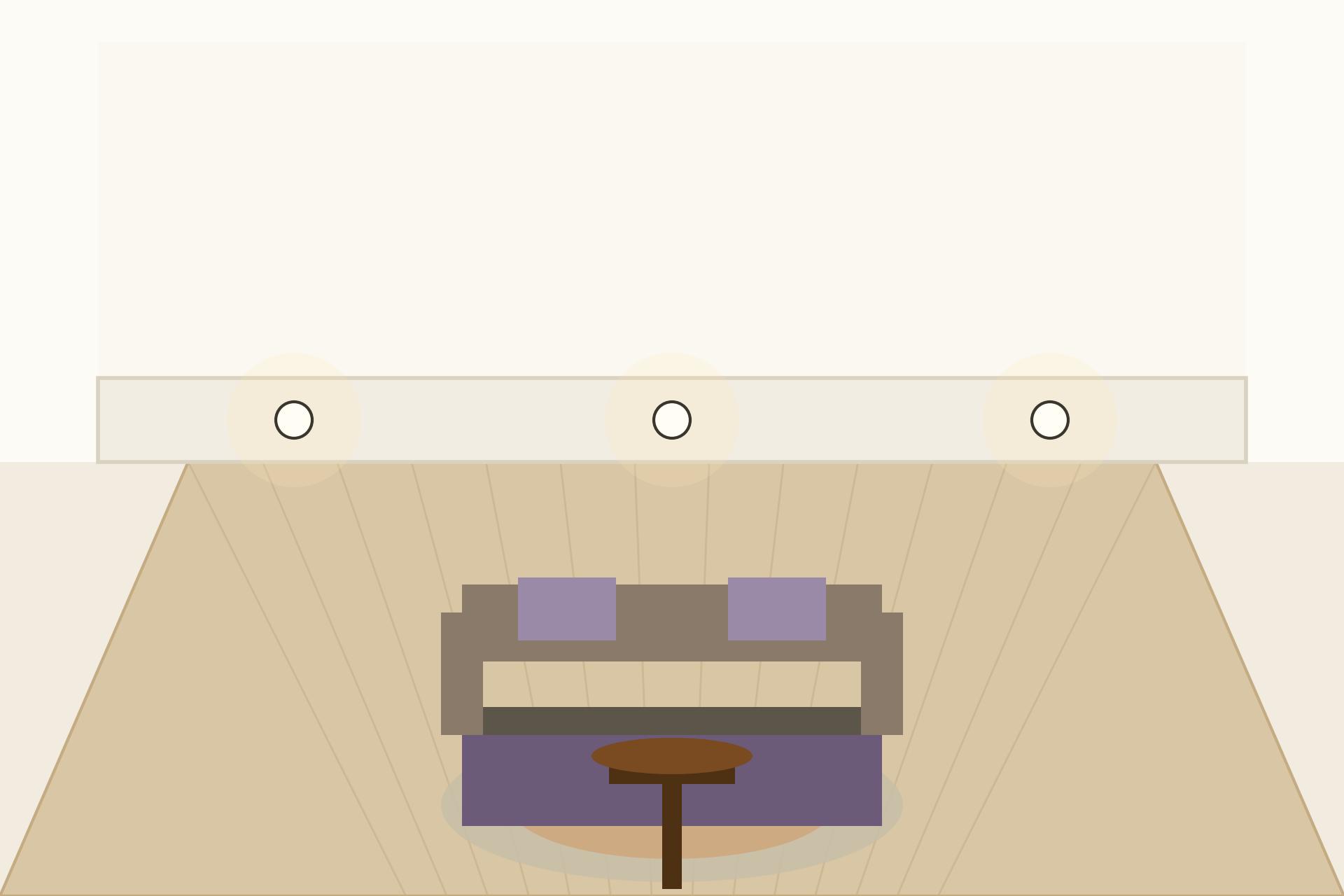 Concept render of a compact Indian apartment living room with a slim gypsum perimeter border ceiling and warm cove light
