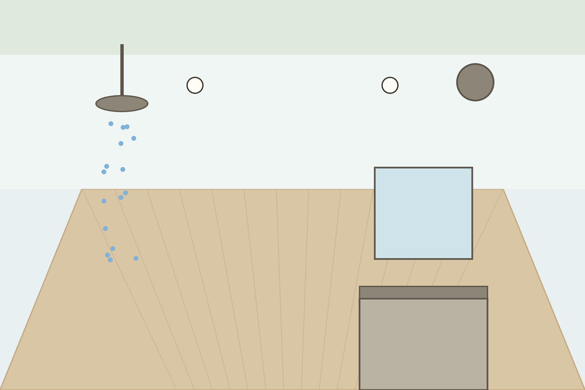 Concept render of a bright bathroom with a moisture-resistant gypsum ceiling and an exhaust fan vent