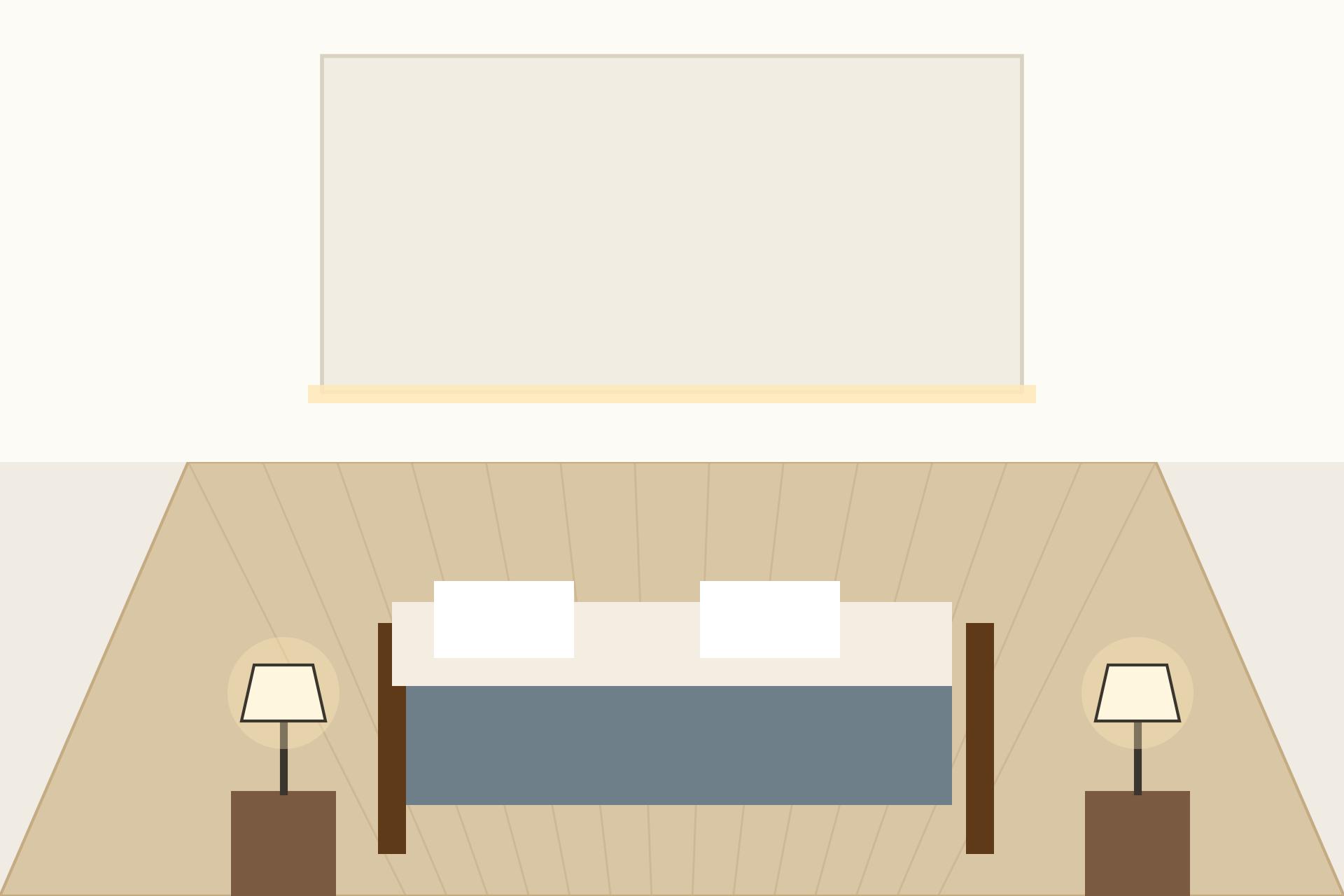 Concept render of a master bedroom with a gypsum cove false ceiling over the bed in soft warm light