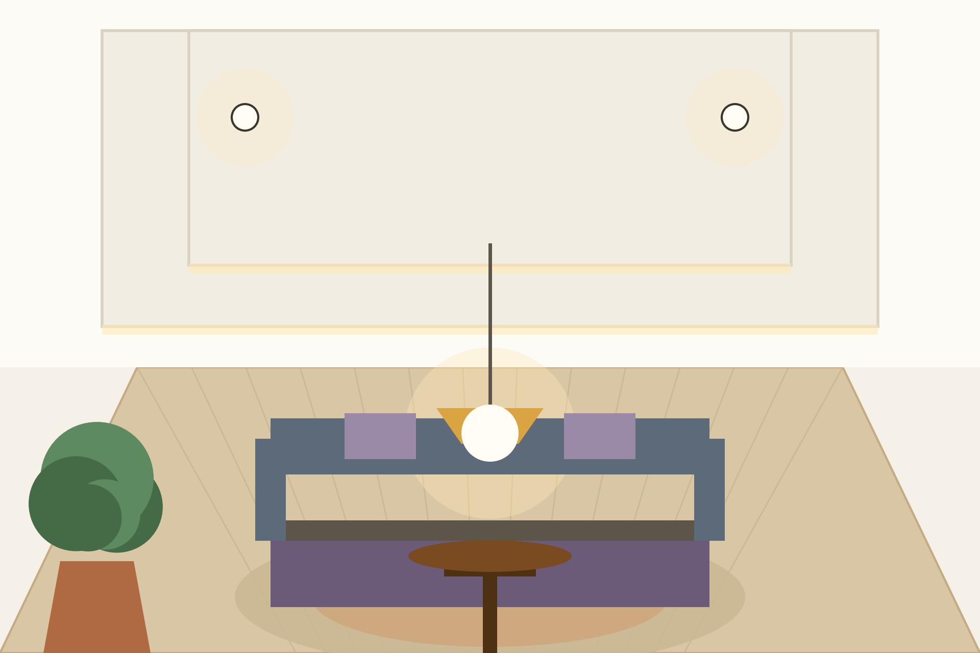 Concept render of a grand Indian living room with a multi-layered gypsum ceiling and warm chandelier lighting
