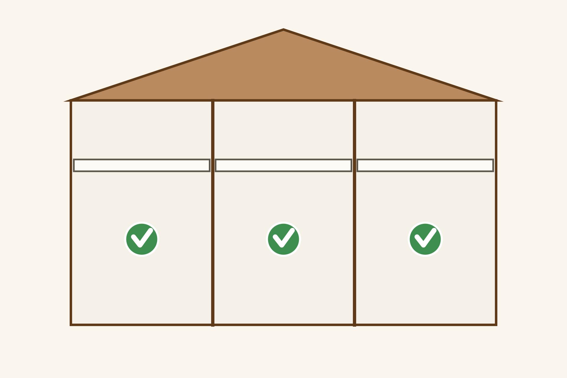 Illustration of a house cutaway showing gypsum ceilings in living and bedroom areas and moisture-resistant boards in kitchen and bathroom