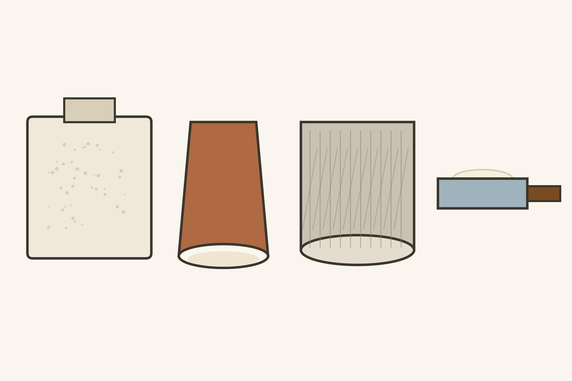 Illustration of POP ceiling ingredients: plaster powder sack, mixing bucket with slurry, roll of chicken-wire mesh and a plaster trowel