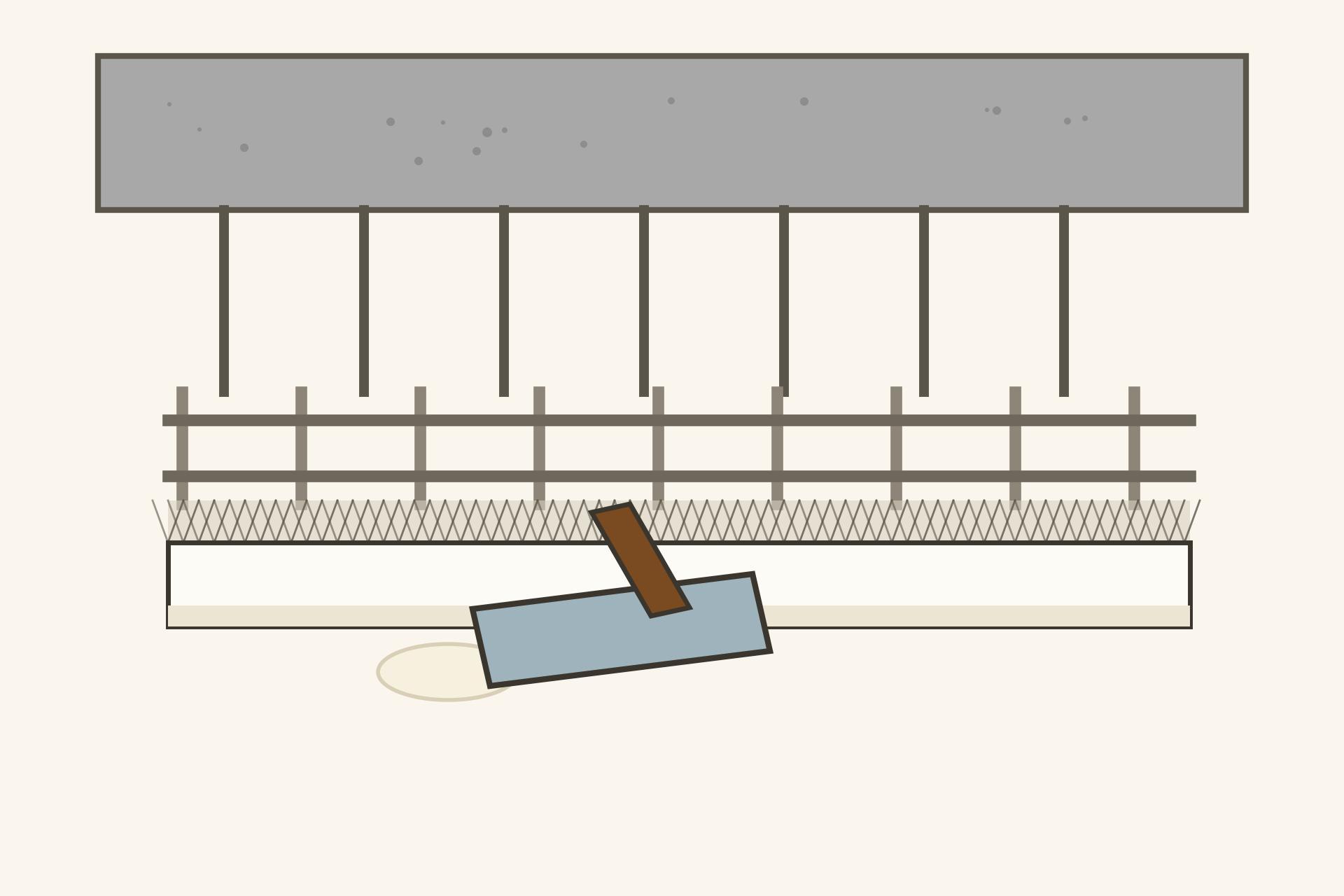 Cutaway illustration showing POP ceiling construction: concrete slab, hanging rods, metal frame, stretched wire mesh and plaster being applied