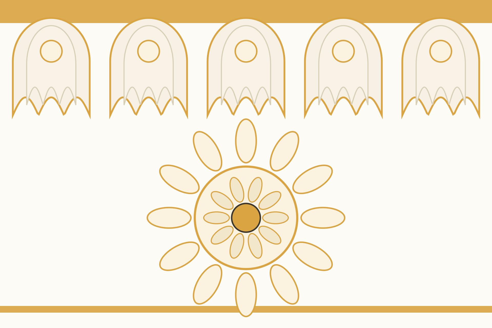 Concept render of an Indian living room ceiling with traditional floral and jharokha-style arched POP motifs in cream and gold