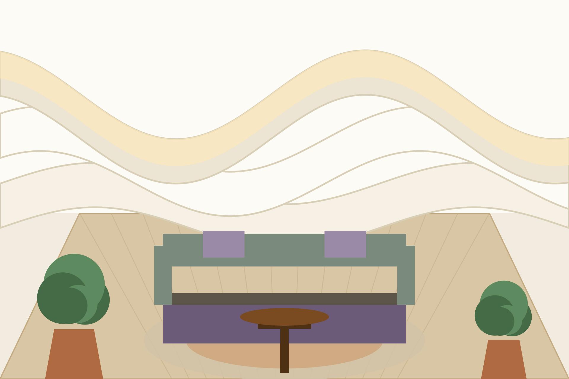 Concept render of a modern Indian hall with a flowing curved wave POP ceiling and warm cove lighting