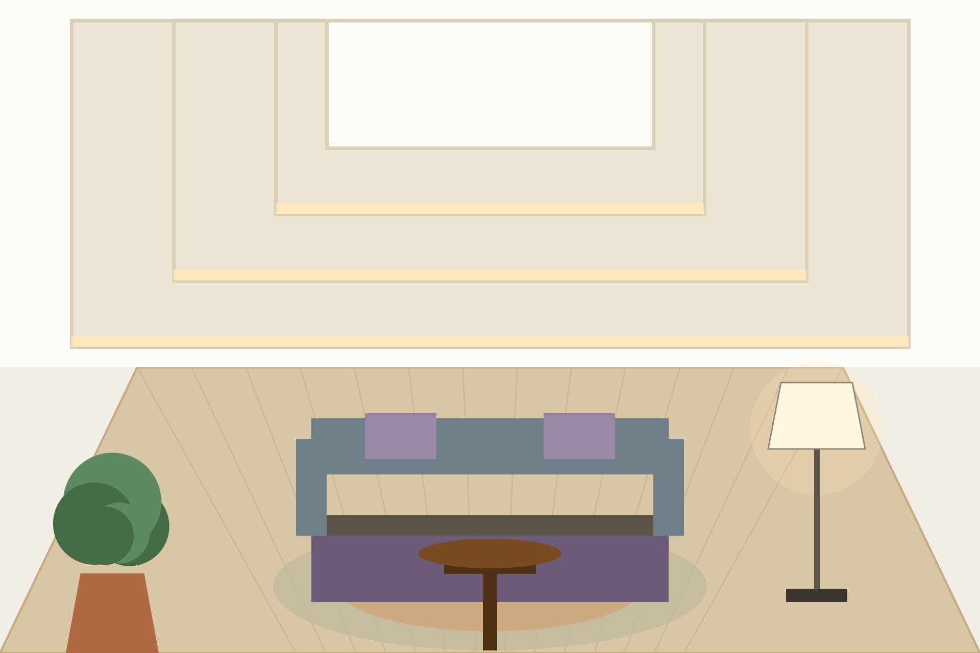 Concept render of a geometric stepped POP ceiling pattern with recessed warm LED strips in a modern Indian living room