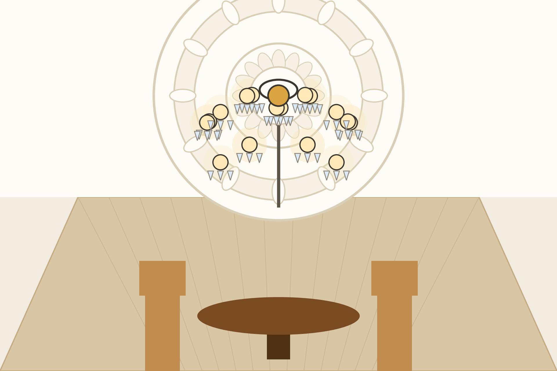 Concept render of an ornate POP medallion centrepiece with a crystal chandelier in an Indian dining area