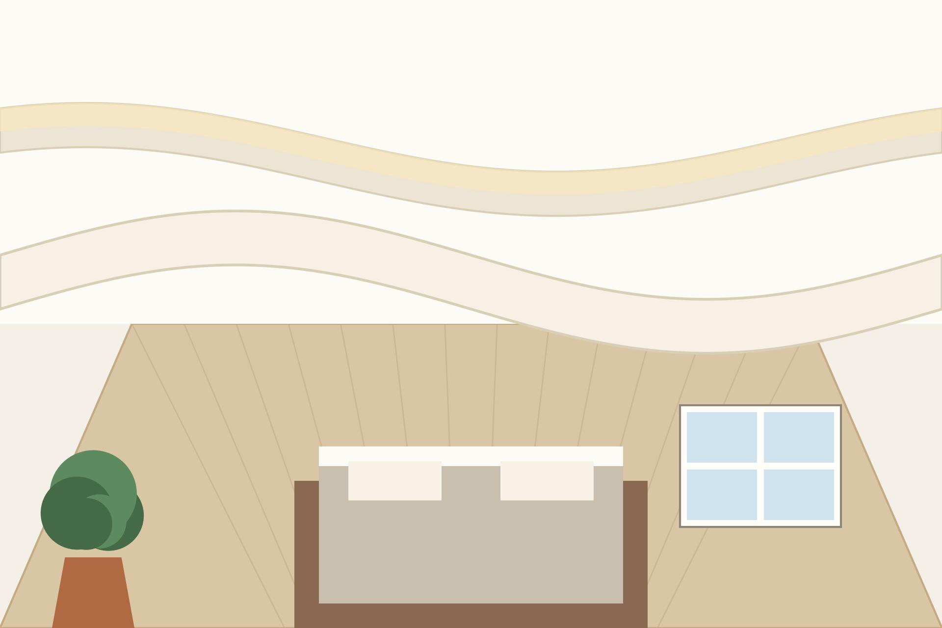 Concept render of a calm Indian bedroom with a soft curved POP ceiling and gentle cove lighting