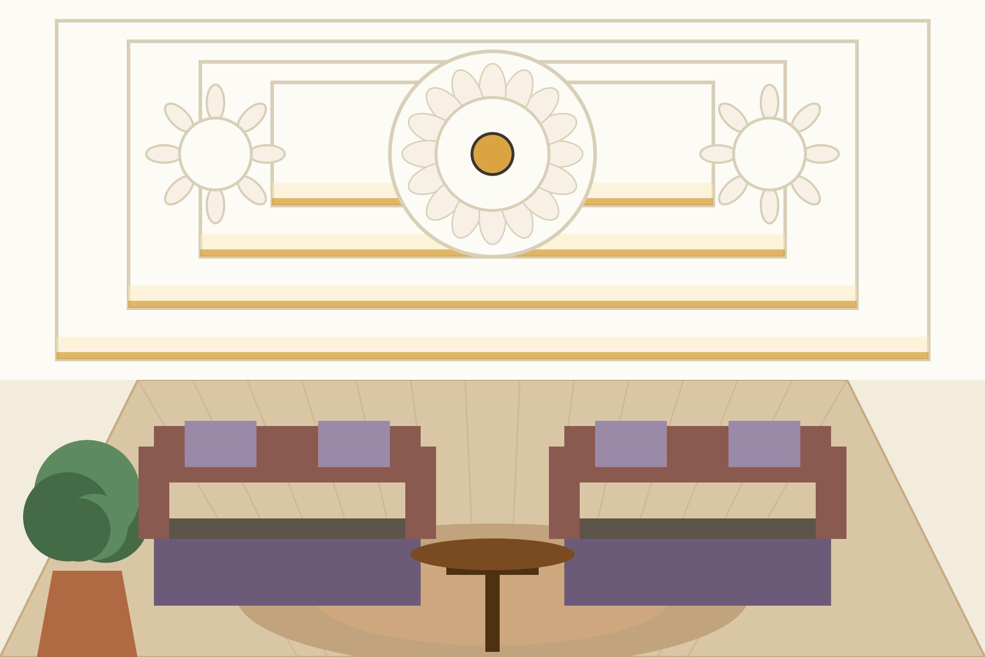 Concept render of a grand multi-level ornate POP ceiling with layered trays and gold accents in a large Indian hall