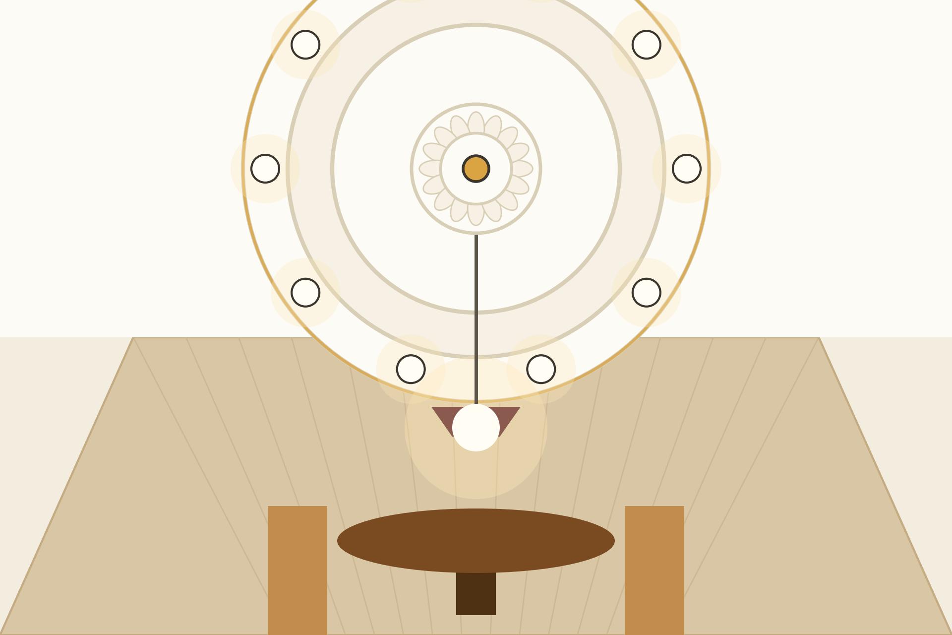 Concept render of an Indian dining room with a circular POP ceiling design and pendant light over the dining table