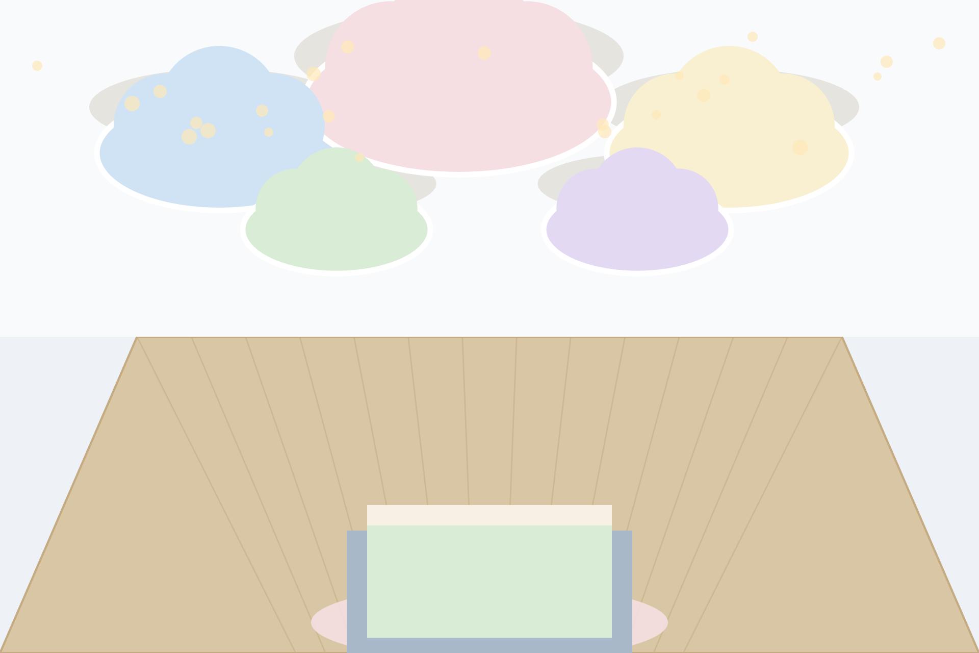 Concept render of a children's bedroom with playful curved cloud-like POP ceiling shapes in soft pastel colours