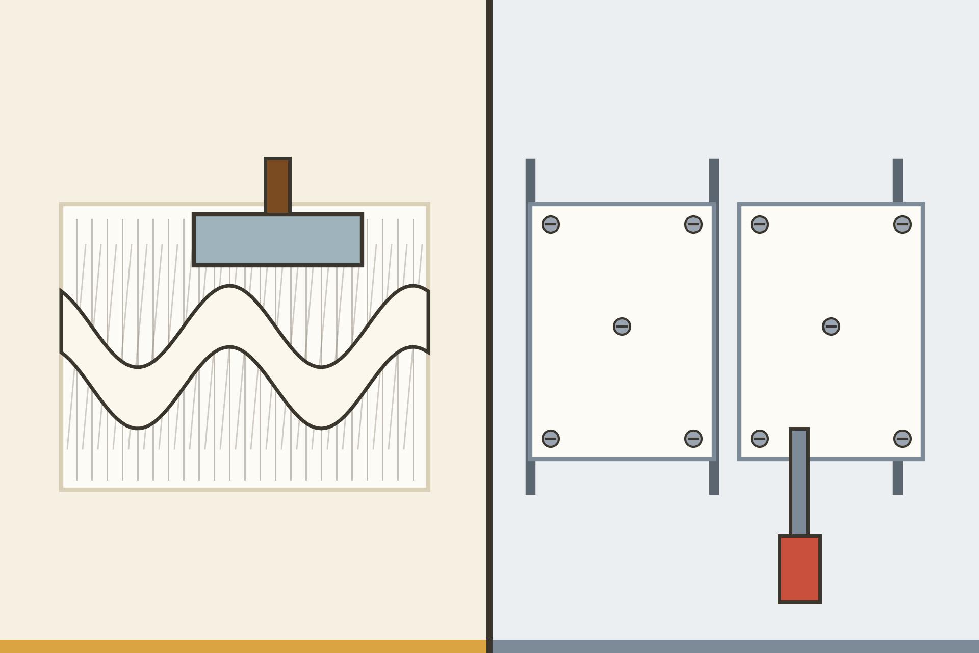 Split illustration comparing POP and gypsum: a craftsman hand-shaping wet POP plaster over mesh beside a worker fixing flat gypsum boards to a frame
