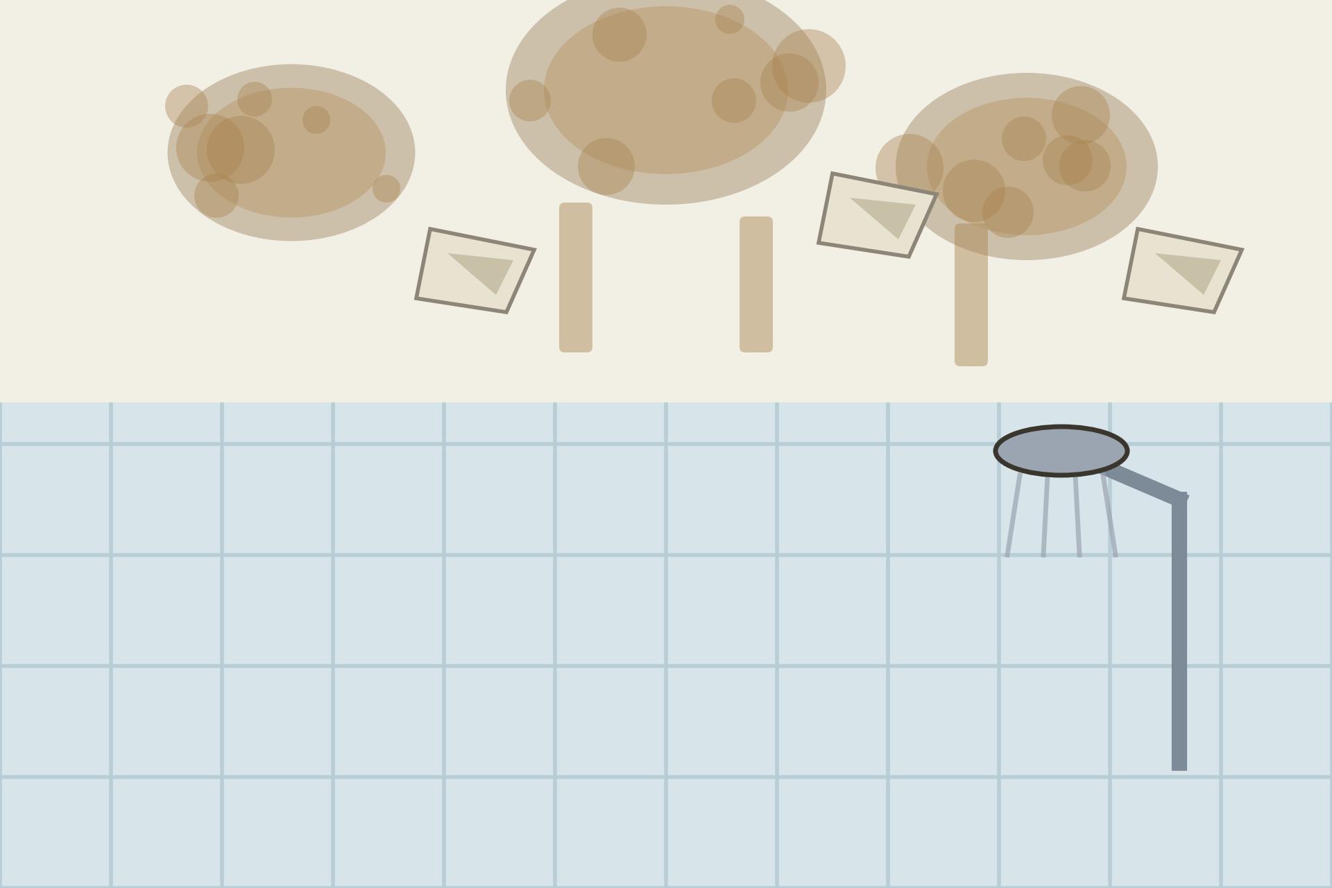 Illustration of a bathroom ceiling showing damp stain patches and peeling paint, demonstrating why POP is unsuitable for wet areas