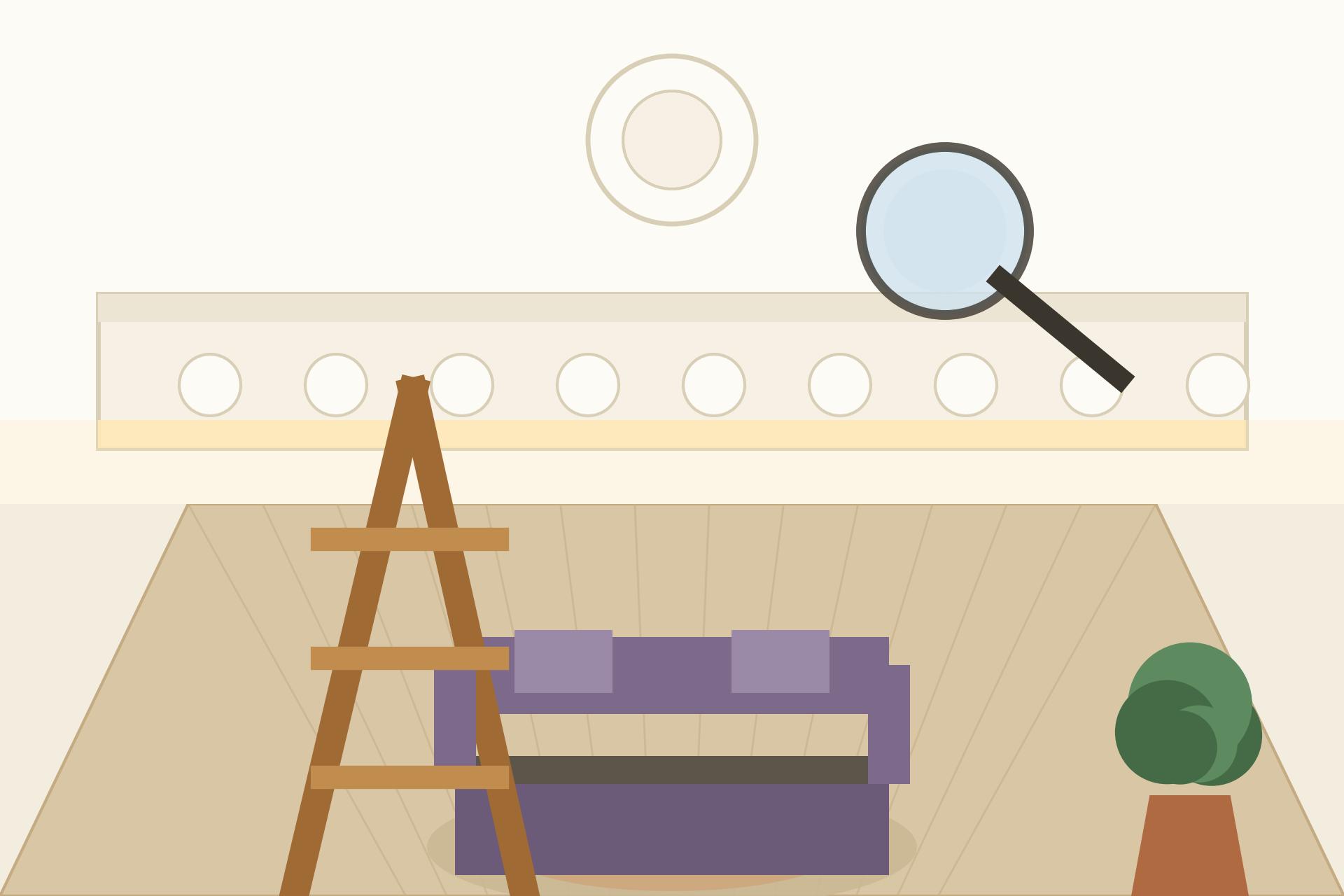 Illustration of a contractor and homeowner inspecting a finished POP ceiling with cove lighting together