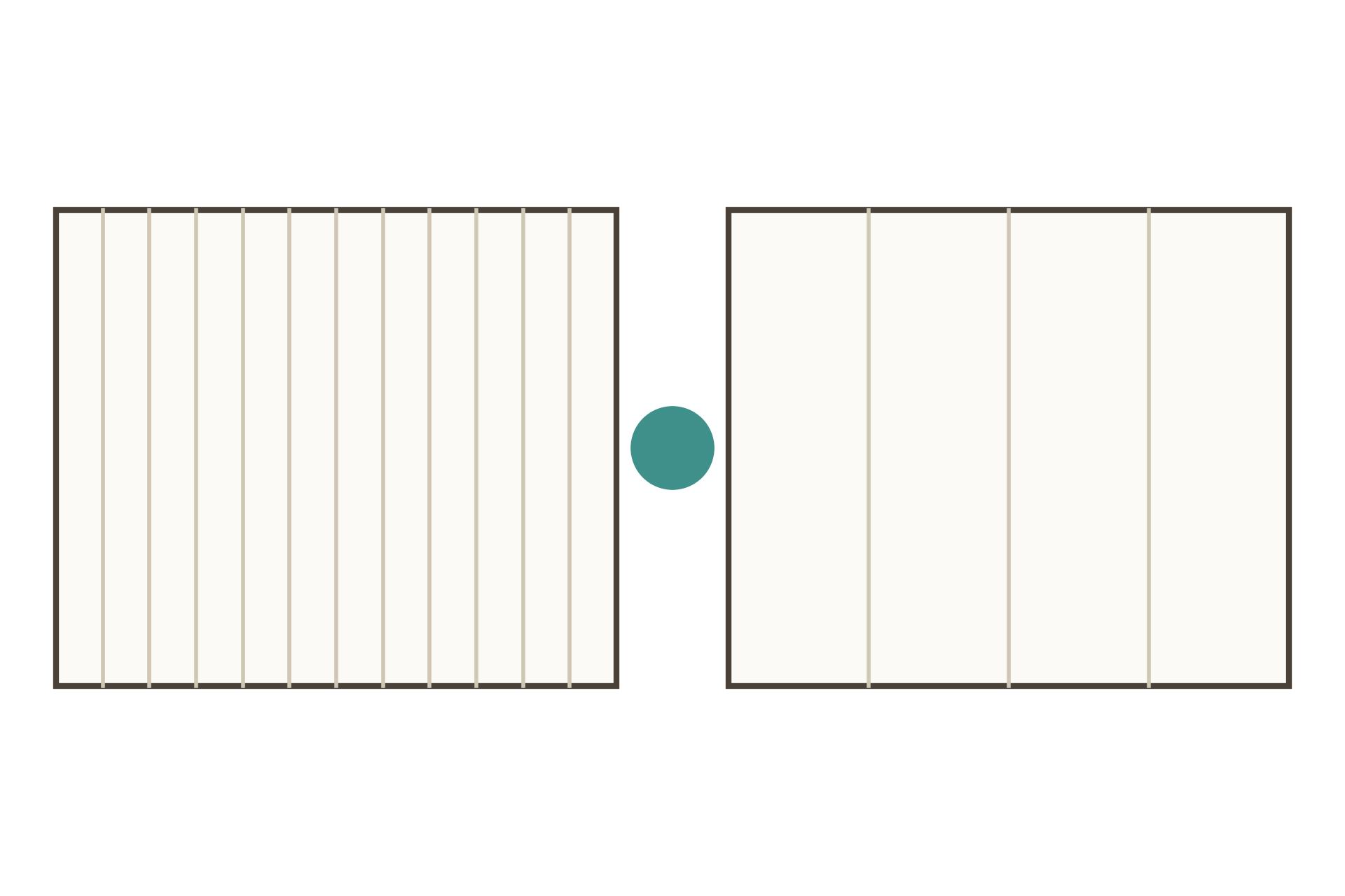 Illustration diagram comparing narrow versus wide PVC ceiling panels, showing groove rhythm and joint visibility side by side