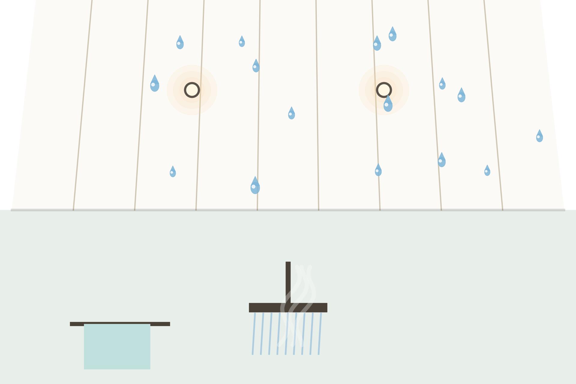 Concept render of an Indian bathroom ceiling with white waterproof PVC panels, water droplets beading on the surface and a shower below