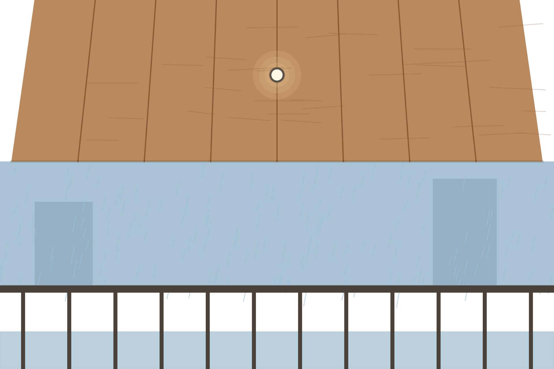 Concept render of a semi-open Indian balcony with wood-finish PVC panel ceiling, monsoon rain visible beyond the railing