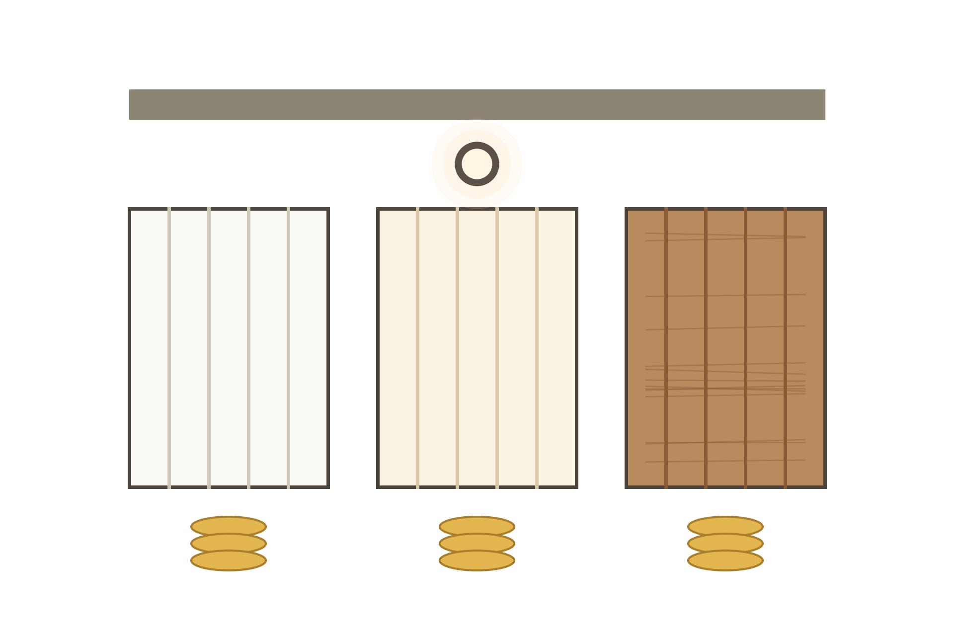 Illustration diagram showing the cost drivers of a PVC false ceiling: panel finish, width, frame material, lighting cutouts and room access