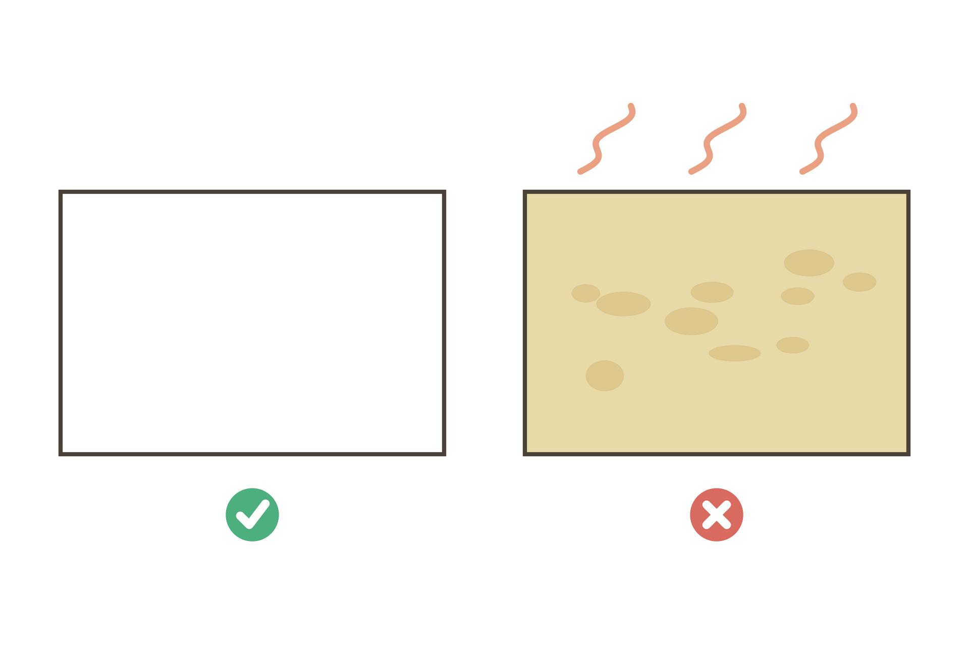 Illustration diagram comparing a new white PVC ceiling panel with an aged yellowed panel from prolonged heat exposure