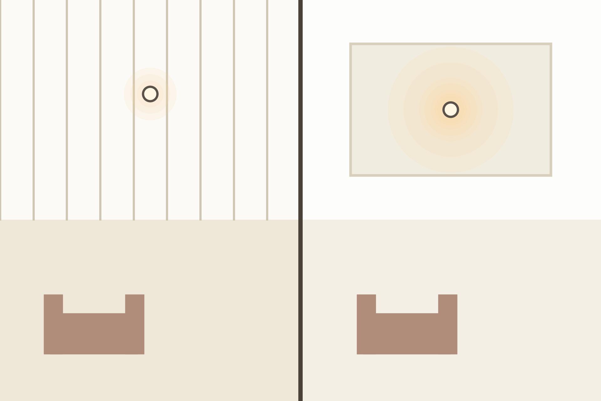 Concept render comparison of two Indian living rooms side by side, one with a PVC panel ceiling and one with a seamless gypsum tray ceiling
