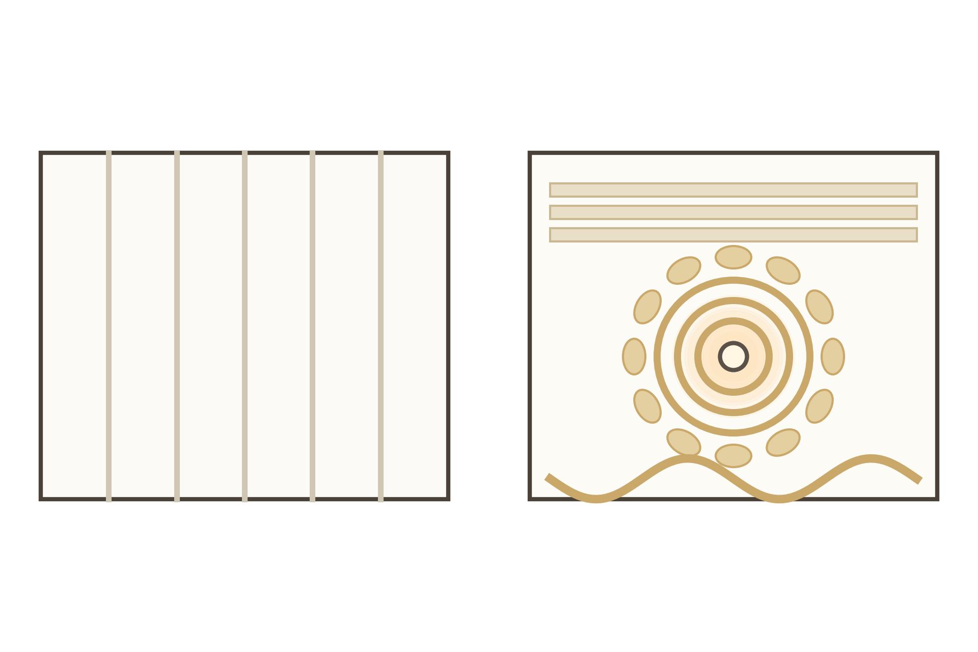 Concept render comparison of a plain PVC panel ceiling beside an ornate POP ceiling with cornices and a central medallion