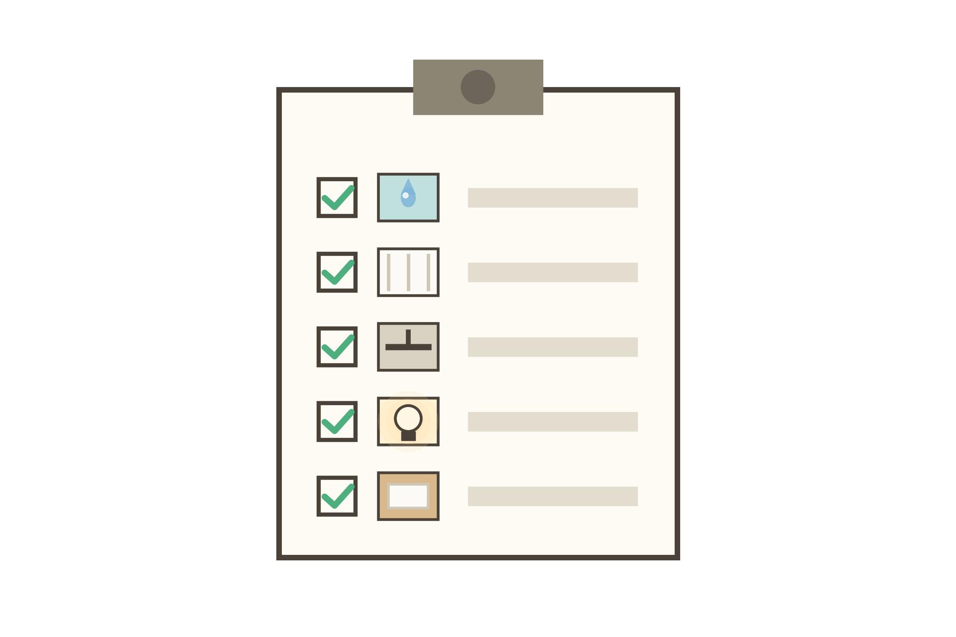 Illustration of a PVC false ceiling buyer checklist covering moisture exposure, panel finish, frame material, lighting plan and spare panels