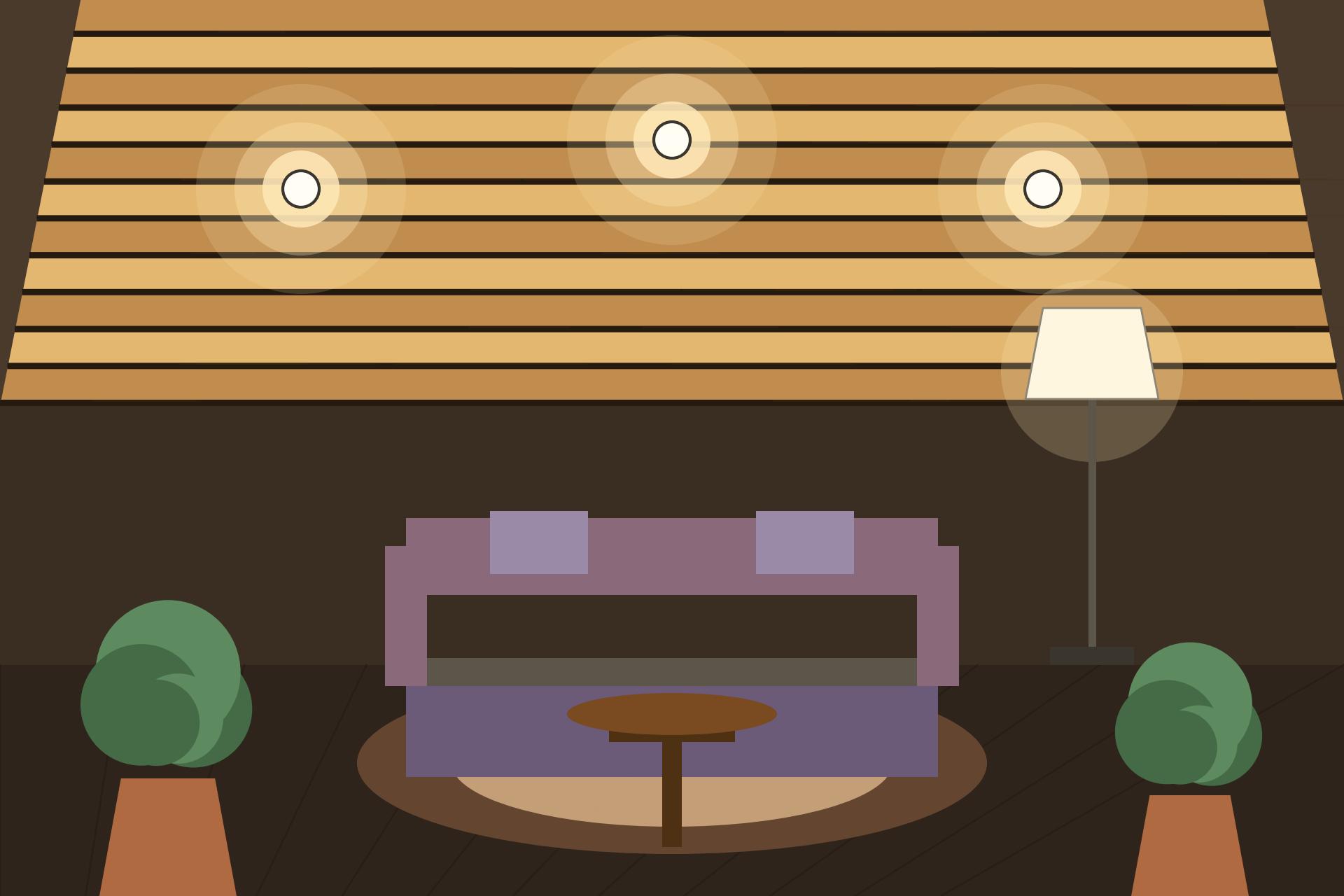 Concept render of an Indian living room with a teak-wood slat false ceiling, recessed lights and warm evening lighting