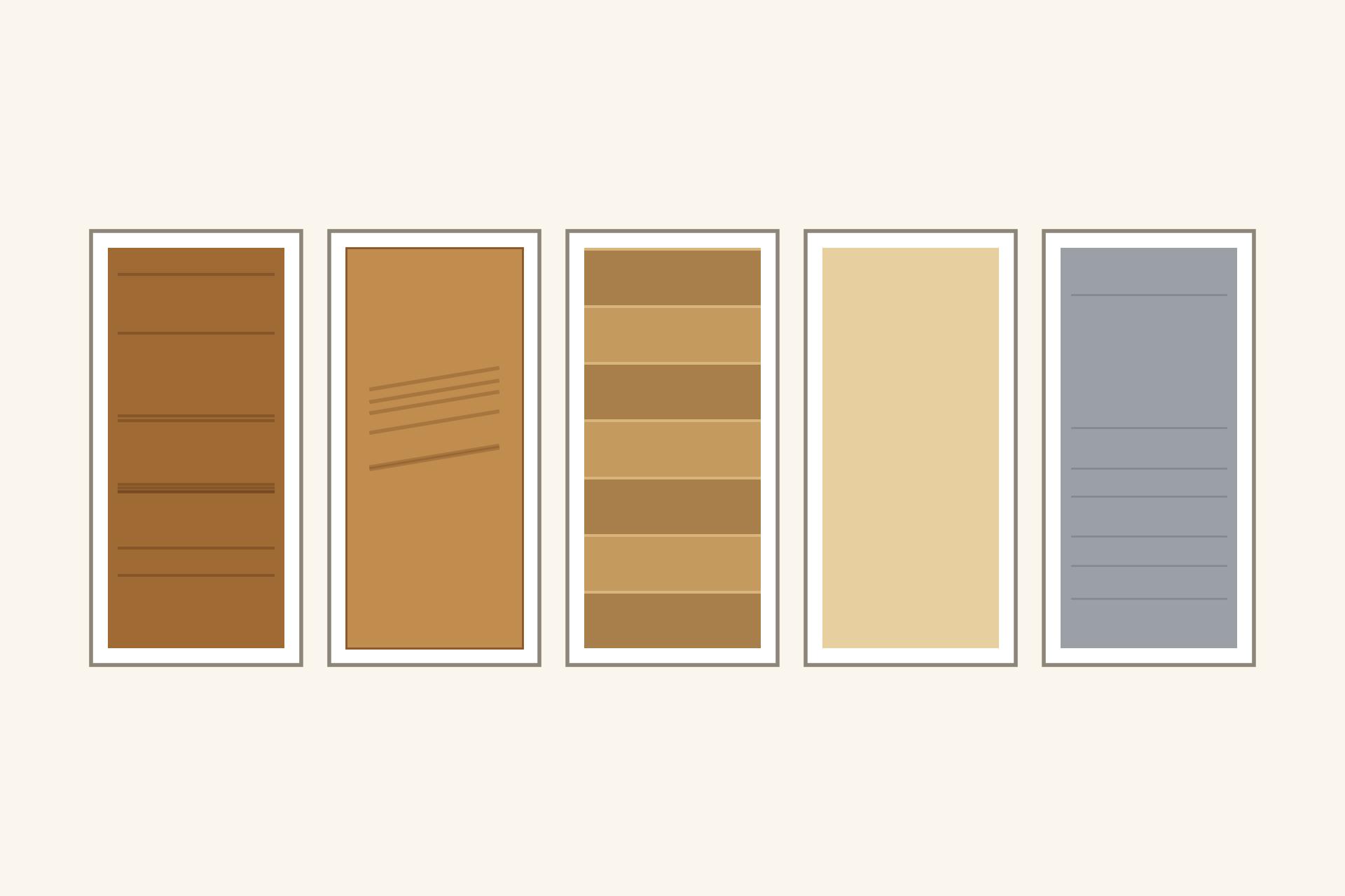 Illustration diagram comparing five wooden ceiling materials: solid timber planks, veneered boards, plywood panels, MDF with wood finish, and wood-look composite