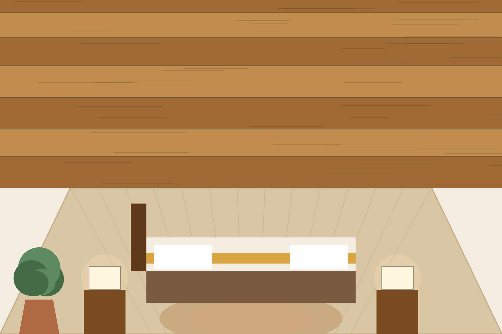 Concept render of an Indian bedroom with a continuous teak plank wooden false ceiling and soft bedside lighting