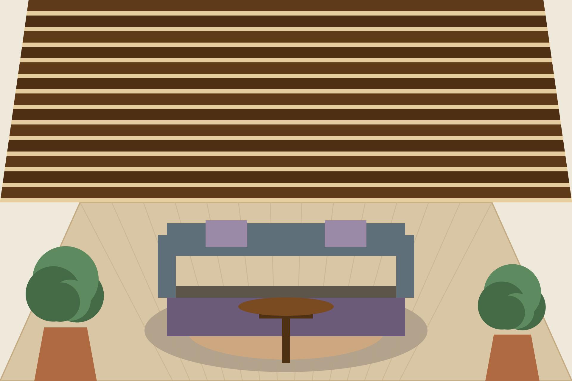Concept render of a modern Indian living room with walnut wooden slat battens on the ceiling and hidden linear lights in the gaps