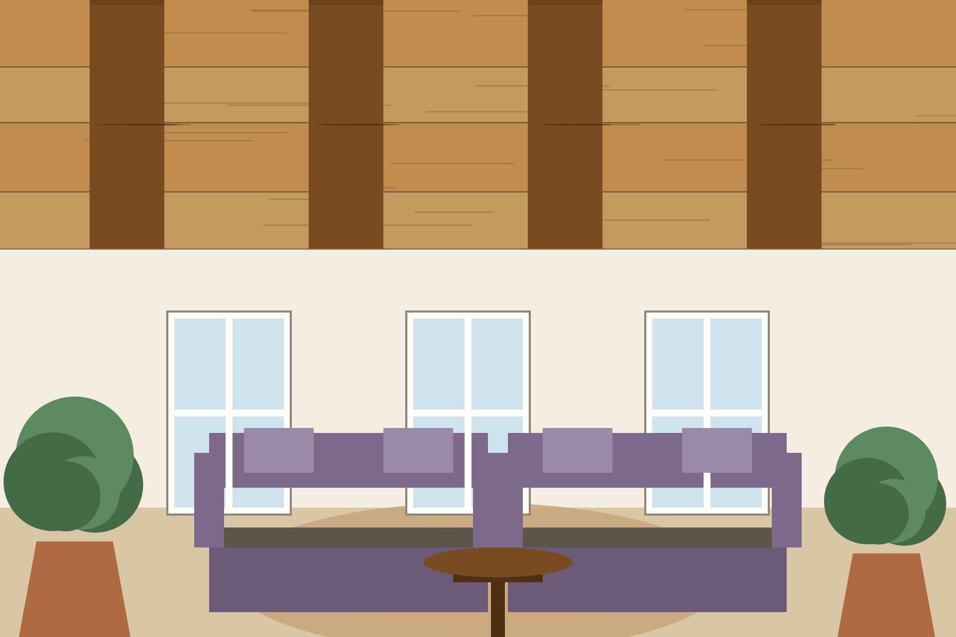 Concept render of a high-ceiling Indian hall with exposed dark timber beams across a wooden false ceiling