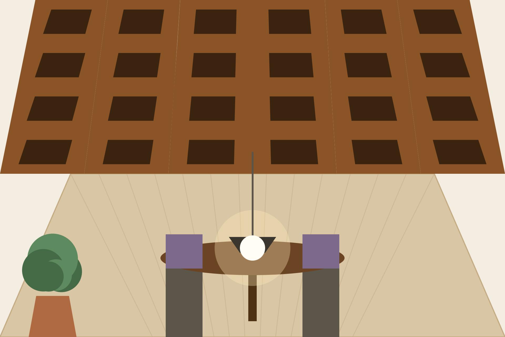 Concept render of an Indian dining room with a coffered wooden false ceiling grid and a central pendant light over the table
