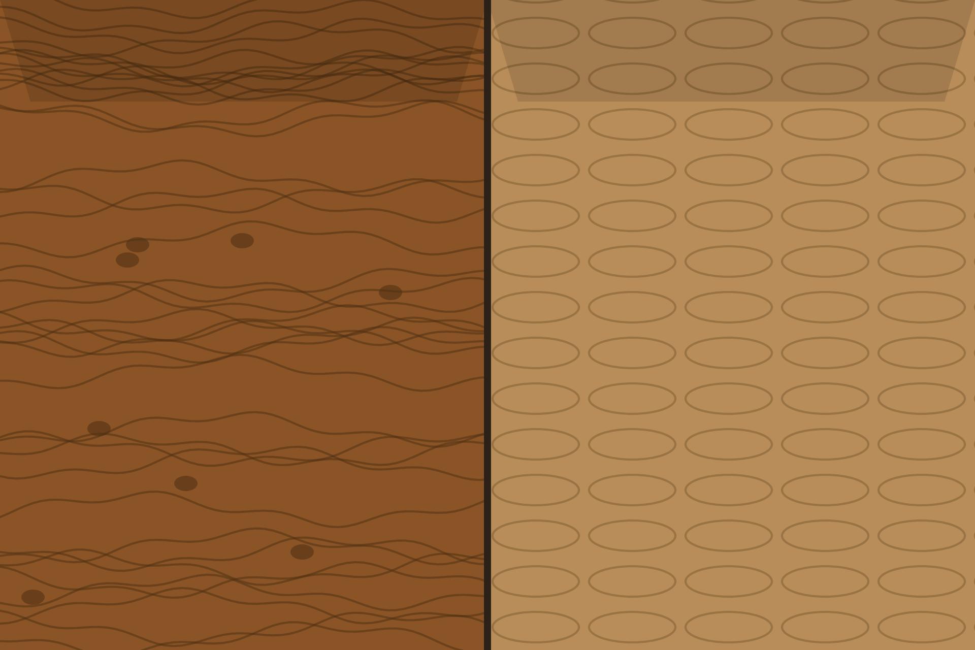 Concept render split comparison of a real teak wood ceiling beside a wood-finish printed ceiling surface showing grain texture difference