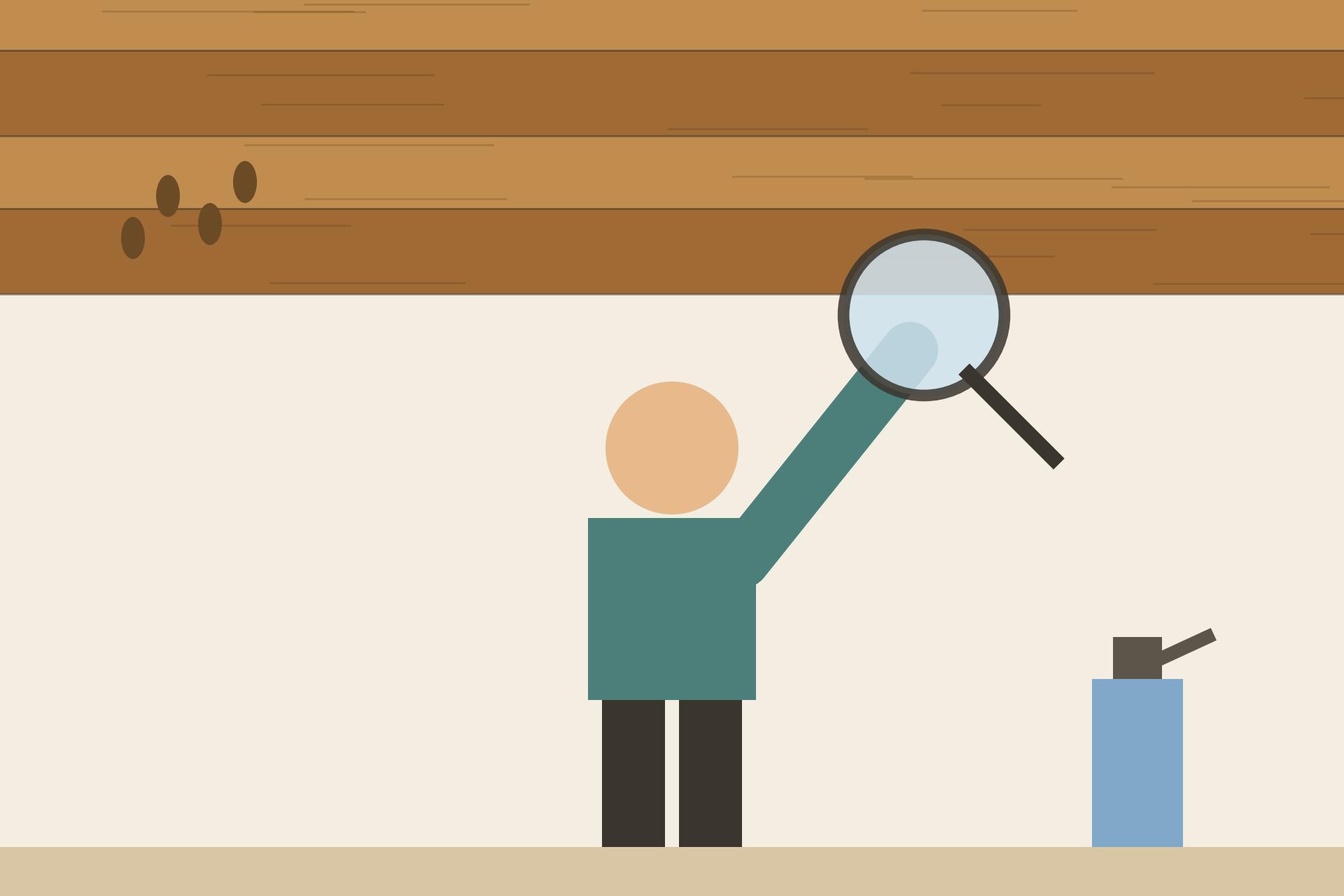 Concept render illustration of a professional inspecting a wooden ceiling for termite signs with a magnifying glass and treatment spray