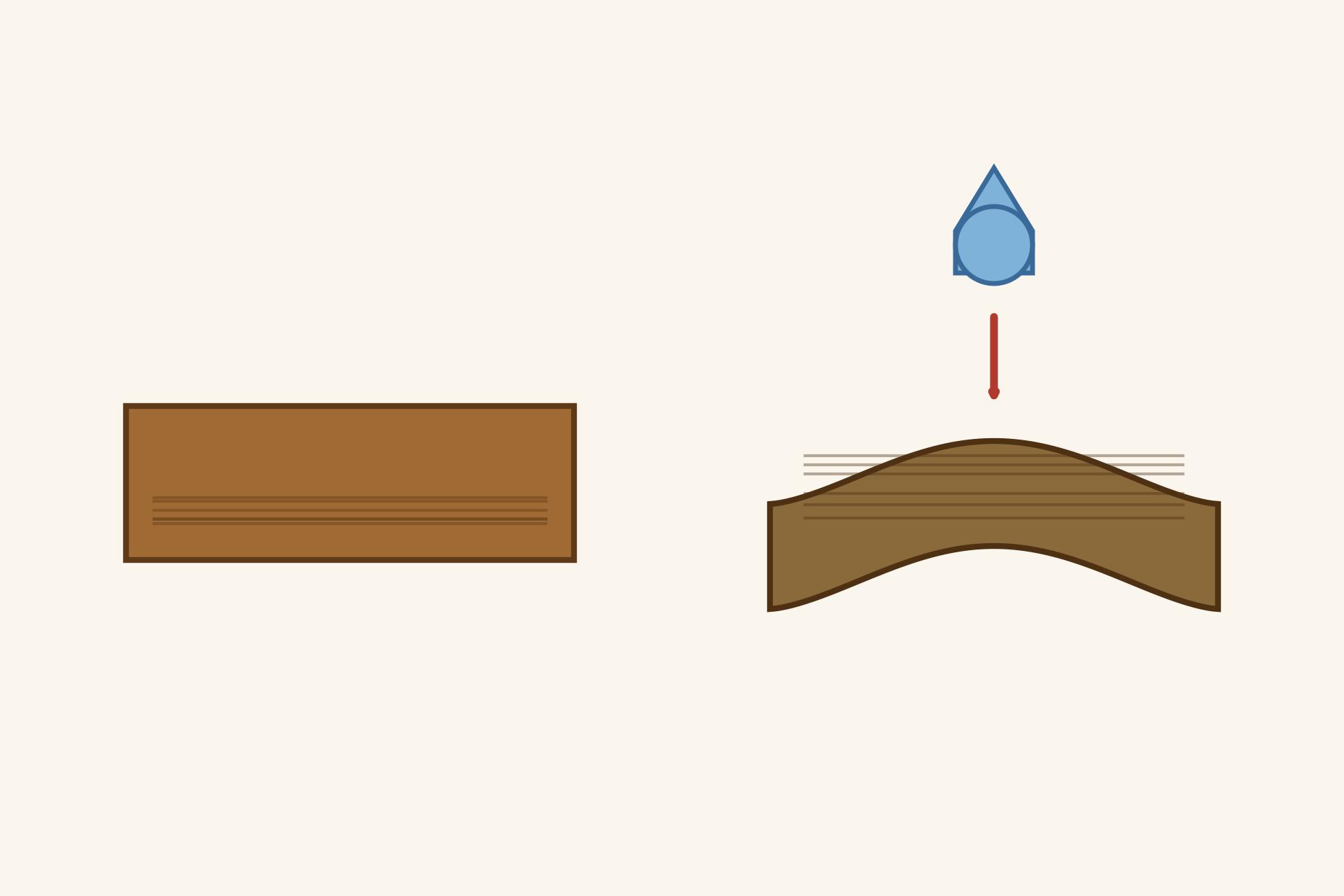 Concept render diagram comparing a straight seasoned wooden ceiling plank with a warped cupped plank damaged by moisture