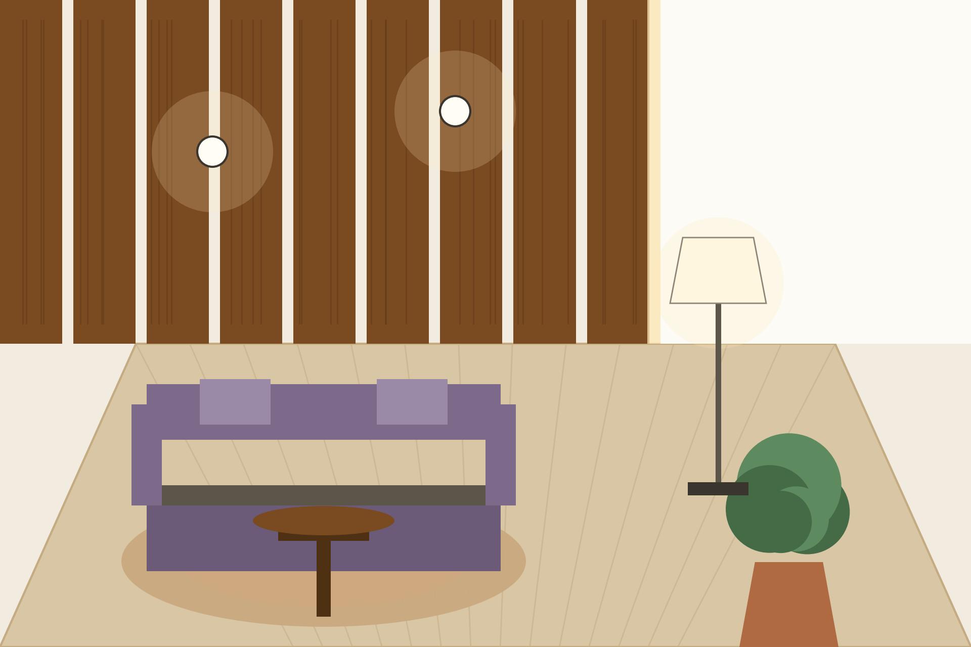 Concept render of an Indian hall with wooden batten false ceiling over the seating area and layered lighting