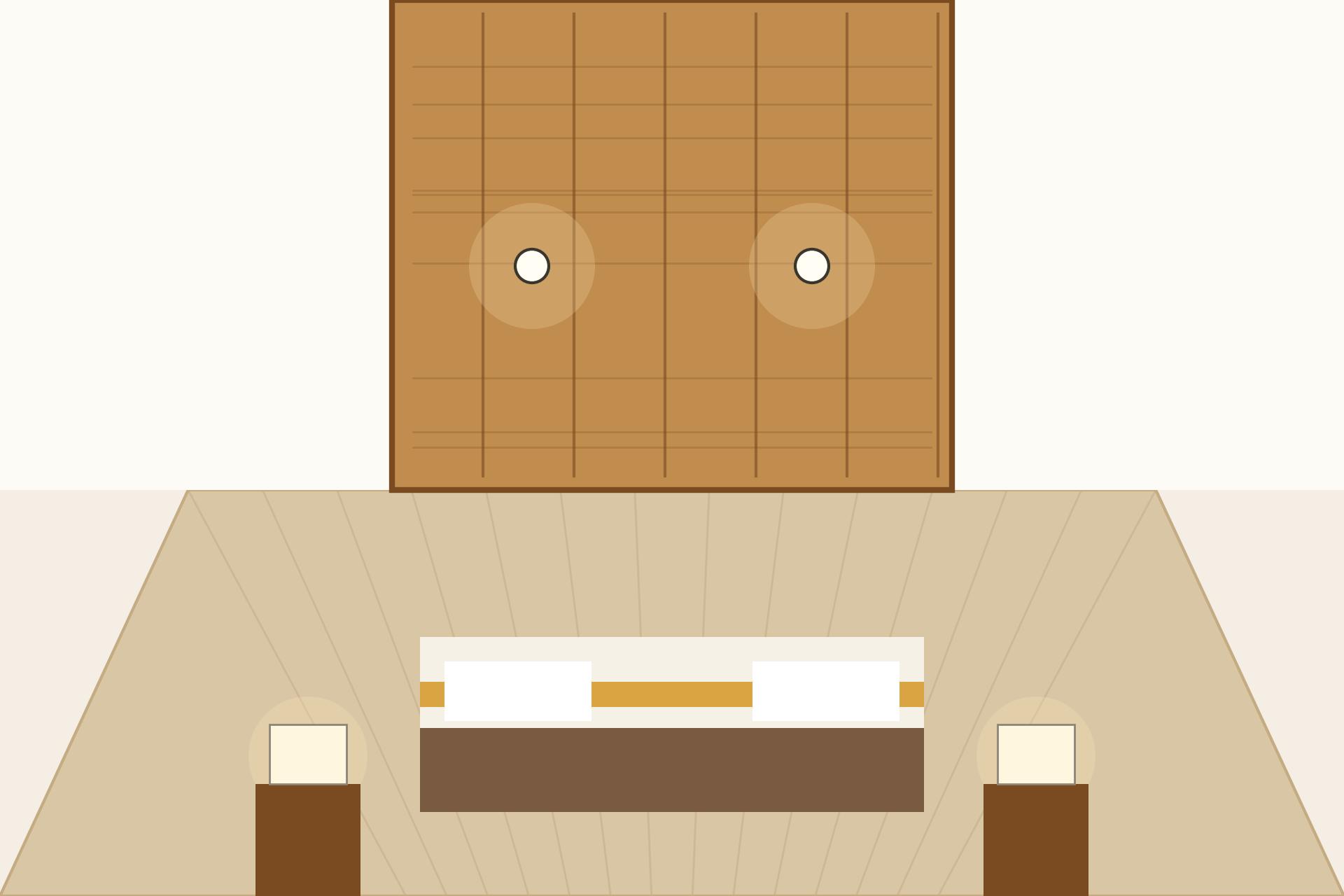 Concept render of a calm Indian bedroom with a warm veneered wood false ceiling above the bed